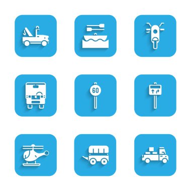 Hız limiti trafiği ayarlayın, Vahşi Batı koruma vagonu, teslimat kamyonu, trafik levhası, helikopter, otobüs, Scooter ve Tow simgesi. Vektör