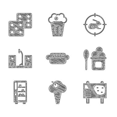 Hotdog, waffle külahında dondurma, eğlence parkı reklam panosu, kase, satış makinesi, iki hoparlörlü ev teybi, av tavşanı avı ve zar ikonu. Vektör