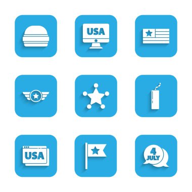 Hexagram şerifi, Amerikan bayrağı, ABD Bağımsızlık Günü, Dynamite bombası, tarayıcı, Yıldız Ordusu ve Burger ikonu. Vektör