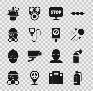 El bombası, boya spreyi, uçan taş, protesto, telsiz, gaz maskesi ve ikon. Vektör