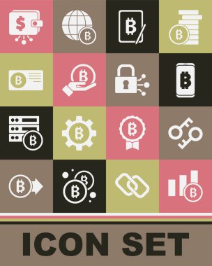 Pasta grafiği bilgi birimi, Kripto para anahtarı, cep telefonundan, tabletten, Bitcoin 'den, Kredi kartıyla, cüzdan ve kilit simgesiyle madencilik yap. Vektör