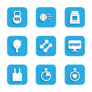 Set Dumbbell, Stopwatch, Heart in the center kronwatch, lokasyon spor salonu, kolsuz tişört, raket ve top, Spor beslenme ve Kettlebell ikonu. Vektör
