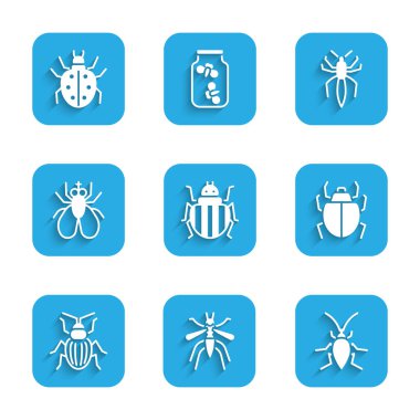 Colorado Böceği, Sivrisinek, Hamamböceği, Mite, Chafer, Böcek sineği, Örümcek ve ikon 'u ayarlayın. Vektör