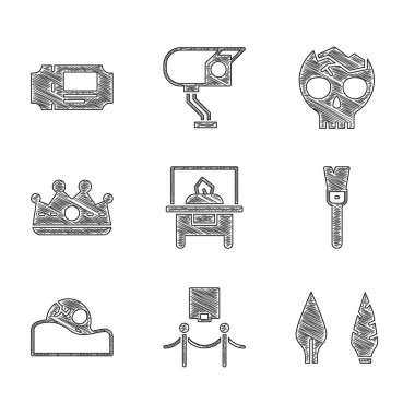 Sergi için cam vitrini, resim ve ip engeli, taş devri ok başı, boya fırçası, insan kafatası, kral tacı, kırık insan ve müze bileti ikonu. Vektör