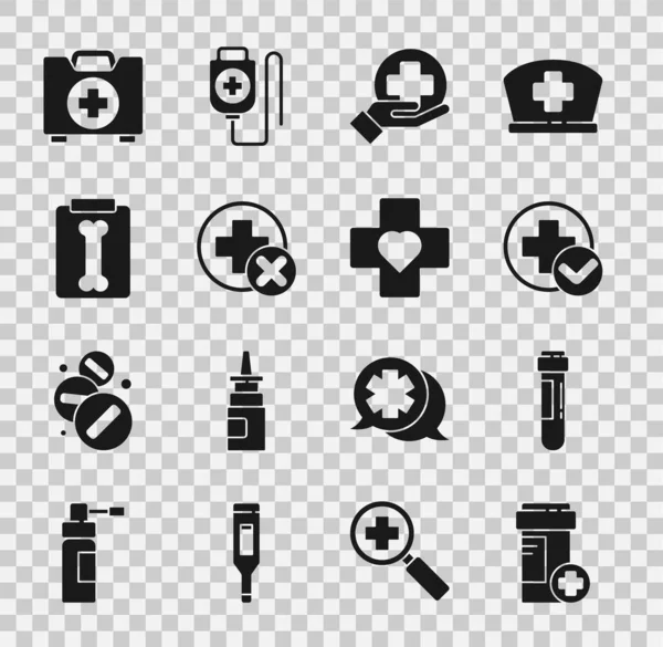 Set Medikamentenflasche, Reagenzglas mit Blut, Cross Hospital Medical, Röntgenaufnahmen, Verbandskasten und Herz-Kreuz-Symbol. Vektor — Stockvektor