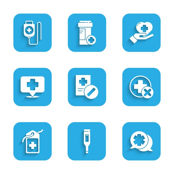 Ärztliche Verordnung, digitales Thermometer, Dialog mit dem Arzt, Krankenhauskreuzung, Tag, Kartenzeigerkreuz, Herz- und IV-Taschensymbol. Vektor — Stockvektor