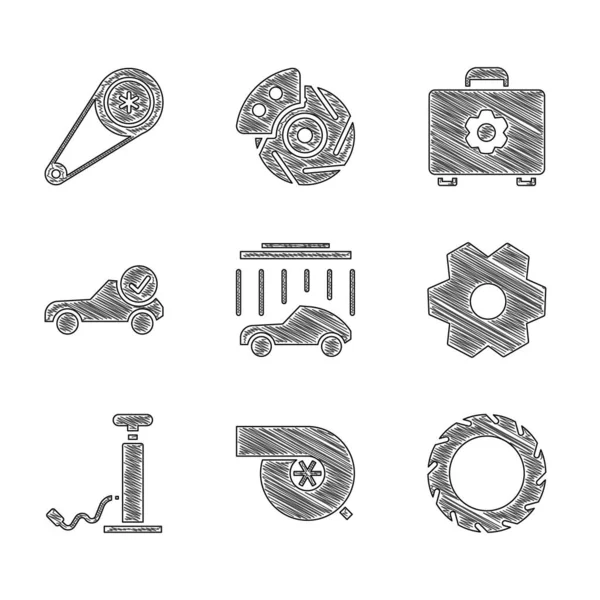 Set Car wash, Automotive turbocharger, tire wheel, Gear, air pump, service check automotive, Toolbox and Timing belt kit icon. Vector — Stock Vector