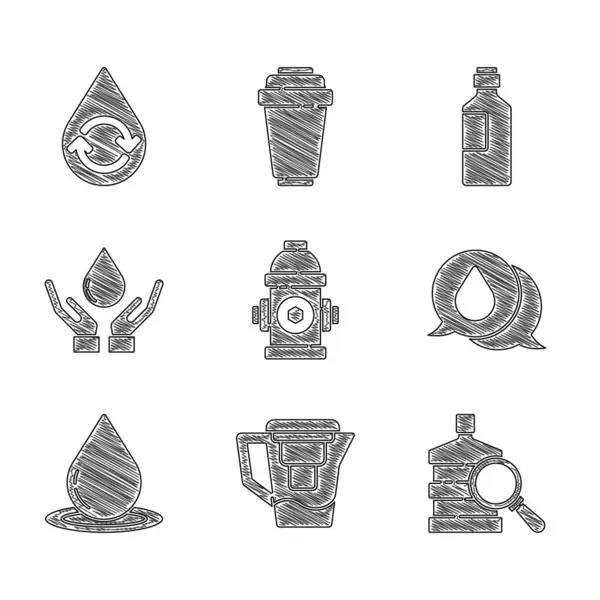 Set Fire hydrant, Water jug with filter, Big bottle clean water, drop speech bubbles, Washing hands soap, Bottle of and Recycle aqua icon. Vector — Stock Vector