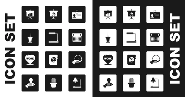 Set Identifikationsschild, Tischlampe, Push-Pin, Tafel mit Diagramm, Kalender, Uhr und Herz Text arbeiten Symbol. Vektor — Stockvektor