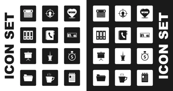 Set Heart mit Textarbeit, Adressbuch, Office-Ordner, Kalender, Regalbücher, Head Jagd Konzept, Zeit ist Geld und Tafeldiagramm-Symbol. Vektor — Stockvektor