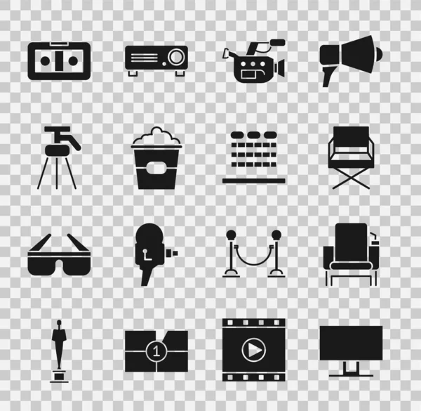 Set Smart Tv, Cinema stoel, Directeur film, camera, Popcorn box, Statief, VHS video cassette tape en auditorium met stoelen pictogram. Vector — Stockvector