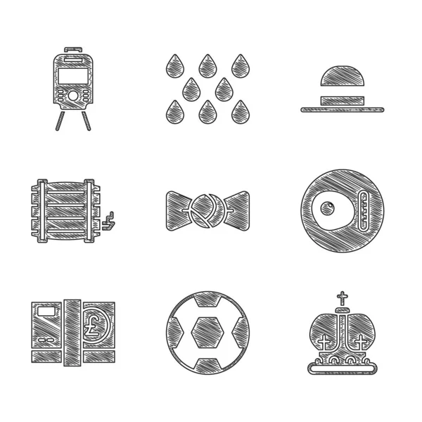 Set corbata de lazo, pelota de fútbol, corona británica, desayuno, libra esterlina, barril de madera, elegante sombrero de mujer y tranvía y el icono del ferrocarril. Vector — Archivo Imágenes Vectoriales