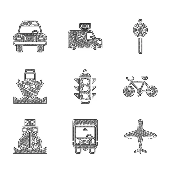 Set Traffic light, Delivery cargo truck, Plane, Bicycle, Cargo ship, Road traffic signpost and Police and flasher icon. Vector — Stock Vector