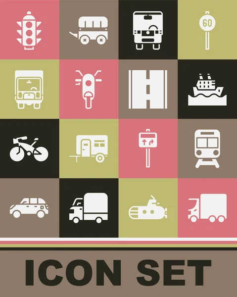 Definir entrega caminhão de carga, trem e ferrovia, navio de cruzeiro, ônibus, Scooter, semáforo e ícone de estrada. Vetor —  Vetores de Stock