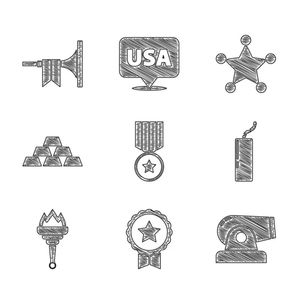 Set Medaille mit Stern, Kanone, Dynamitbombe, Fackelflamme, Goldbarren, Hexagramm Sheriff und Trompetensymbol. Vektor — Stockvektor