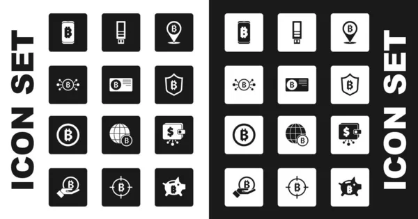 Zestaw Bitcoin, Karta kredytowa z bitcoin, obwód, Górnictwo z telefonu komórkowego, Tarcza, USB pendrive, Kryptowaluta portfel i ikona. Wektor — Wektor stockowy