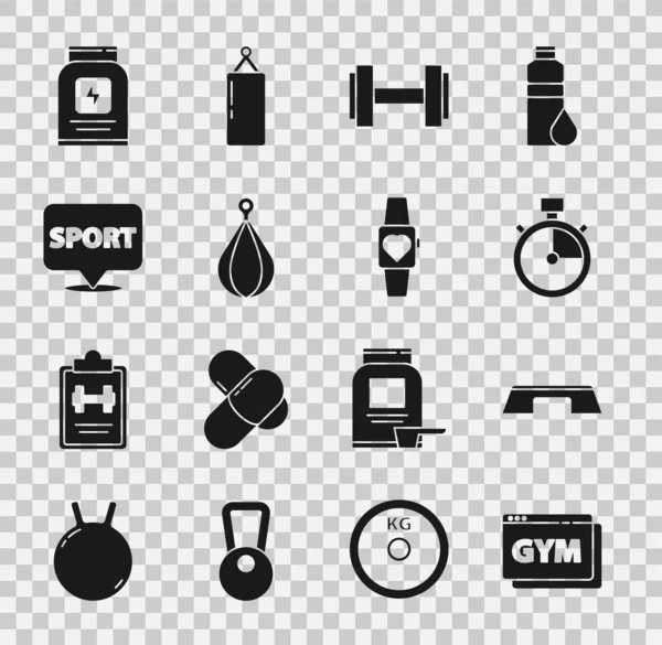 Встановити онлайн-фітнес і тренінг, платформу "Крок", "Stopwatch", "Dumbbell", "Punching bag", "Location gym", "Sports fource" і "Smartwatch icon". Вектор — стоковий вектор