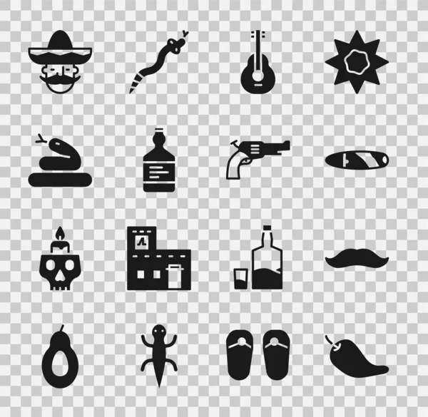 Set Hot chili pepper pod, Mustache, Cigar, Mexican guitar, Tequila bottle, Snake, man sombrero and Revolver gun icon. Вектор — стоковый вектор