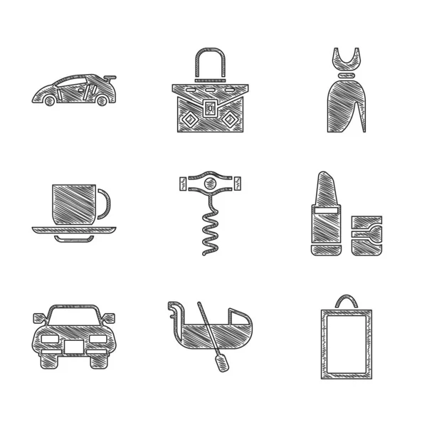 Set Wine prokscrew, Gondola, Picture, Lipstick, Car, Coffee cup, Woman dress and Sport racing car icon. Вектор — стоковый вектор