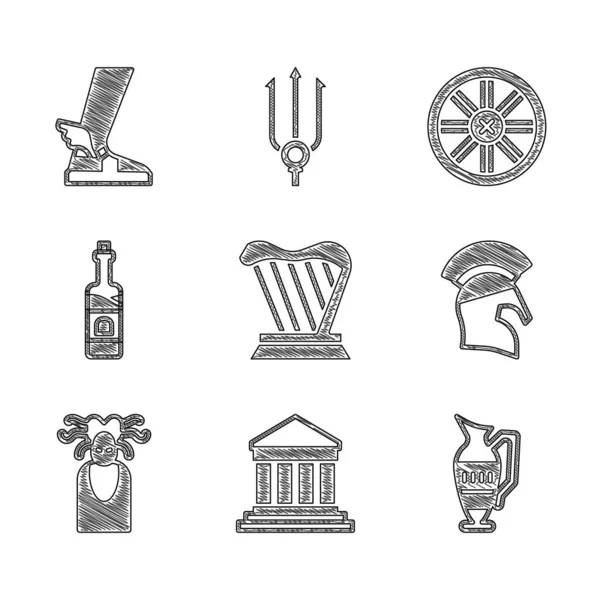 Set Harp, Parthenon, Ancient amphorae, Greek helmet, Medusa Gorgon, Bottle of wine, Old wooden wheel and Hermes sandal icon. Vector — Stock Vector