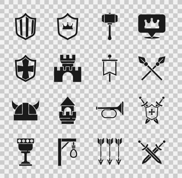 Пересечённый средневековый меч, средневековый щит с мечами, копьями, молотком, замком, крепостью, щитом и иконой флага. Вектор — стоковый вектор