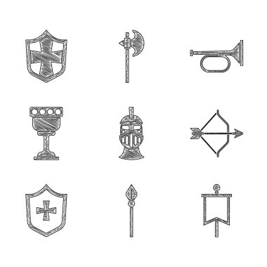 Ortaçağ demir miğferi, mızrak, bayrak, yay ve ok, kalkan, kadeh, trompet ve ikon. Vektör