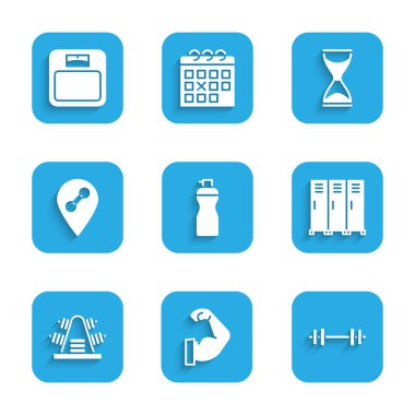 Fitness aleti, vücut geliştirme kası, halter, dolap ya da soyunma odası ağırlıklı metal raf, konum spor salonu, eski kum saati ve banyo terazisi ikonu. Vektör