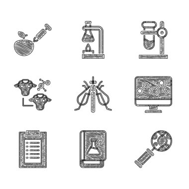 Deneysel Böcek, Genetik Mühendisliği Kitabı, DNA araştırması, arama, modifikasyon, klinik kayıt, klonlama, deney tüpü standı ve genetik olarak değiştirilmiş elma ikonu. Vektör