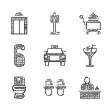 Taksi, otel terlikleri, resepsiyon masası, martini bardağı, klozet, lütfen rahatsız etmeyin, tepsi ve kaldırma ikonu ile kaplı. Vektör