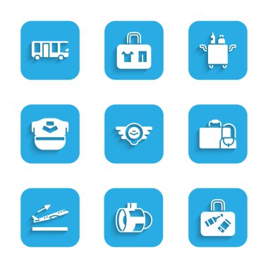 Havacılık amblemi, jet motoru türbini, bavul, uçak kalkışı, Pilot şapkası, yemek ve havaalanı otobüs ikonu için Trolley ayarlayın. Vektör