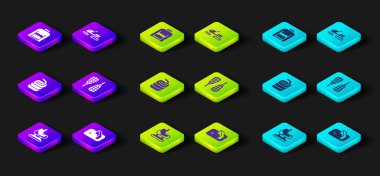 Set Paten, buz hokeyi golü, körling için taş, kar ayakkabısı, kar arabası ve Noel süveteri ikonu. Vektör