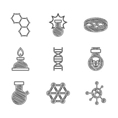 DNA sembolü, molekül, şişedeki zehir, deney tüpü ve matara, alkol veya ruh yakıcı, bakteri ve kimyasal formül ikonlu Petri kabı. Vektör