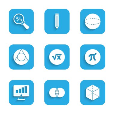 Kare kök x glifini, Matematik kümelerini A ve B, Geometrik şekil küpünü, Pi sembolünü, grafik grafikli bilgisayar monitörünü, üçgen matematiğini, Küre 'yi ve büyüteç yüzde ikonunu ayarlayın. Vektör