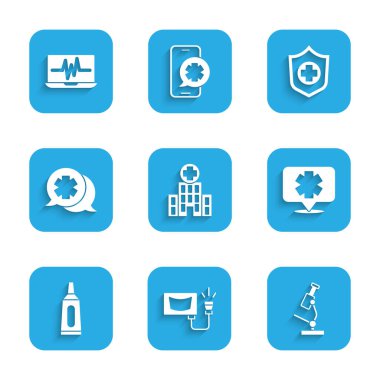 Tıbbi hastane binası, ultrason, mikroskop, acil durum krem tüpü ilacı, doktorla diyalog, hayat sigortası eli ve dizüstü bilgisayar kardiyogramı ikonu. Vektör