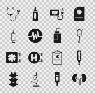İnsan böbreklerini, termometreyi, koltuk değneklerini, koltuk değneklerini, ultrasonu, kalp atışını, şırıngayı, steteskopu ve el dezenfektanı ayarlayın. Vektör
