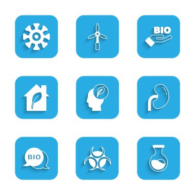 İçinde yaprak olan insan kafası, biyolojik tehlike sembolü test tüpü ve matara, böbrek, sağlıklı yiyecek, çevre dostu ev ve bakteri ikonu. Vektör