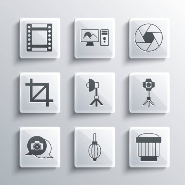 Toz üfleyici, fotoğraf makinesi, Softbox ışığı, fotoğraf makinesi, resim mahsulü, rulo kartuşu ve deklanşör simgesini ayarla. Vektör