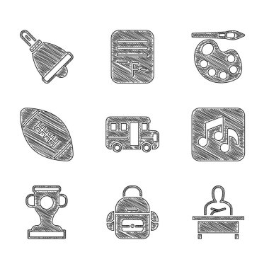 Okul otobüsü, sırt çantası, masada oturan okul çocuğu, nota, ton, ödül kupası, Amerikan futbol topu, paletli boya fırçası ve zil ikonu. Vektör