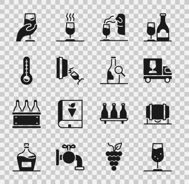 Şarap kadehi, tahta fıçı şarap, kamyon, sommelier, tatma, degukasyon, meteoroloji termometresi ve bir şişe ikon. Vektör