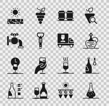 Şarap, şarap sıcaklığı, İtalyan fiyaskosu şişesi, tahta fıçı, şişe açacağı, musluk, kuraklık ve kamyon ikonu ayarlayın. Vektör