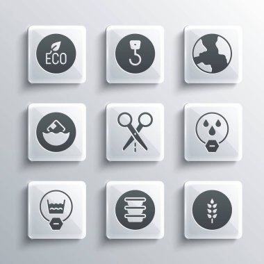 Kase, Buğday, Su Düşürme Yasak, Kesme çizgili Makas, Hassas Yıkama, Karton Karton Kutu, Yaprak Eko Sembolü ve Dünya çapında ikon. Vektör