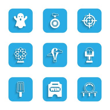 Sıcak hava balonu, sirk bileti, lunapark treni, atlıkarınca, dondurma, dönme dolap, hedef spor ve hayalet ikonu. Vektör