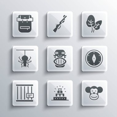 Chichen Itza 'yı Maya, Maymun, Pusula, Meksika Mayalı veya Aztek maskesi, Hayvan Kafesi, Örümcek, Yürüyüş sırt çantası ve Tropikal Yaprak ikonu' na yerleştir. Vektör