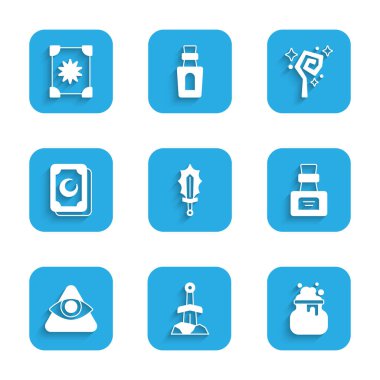 Sihirli kılıcı ateşe verin, taşı kılıçlayın, cadı kazanı, iksirli şişe, Tanrı 'nın her şeyi gören gözü, Tarot kartları, asa ve antik büyü kitabı ikonu. Vektör