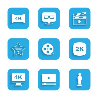 Set Film reel, Online play video, Movie Cup, 2k Ultra HD, Screen TV with 4k, Walk of Fame star, clapper and icon. Vektör