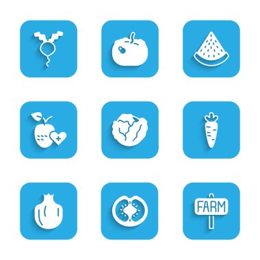 Lahana, domates, konum çiftliği, havuç, nar, sağlıklı meyve, karpuz ve turp ikonu. Vektör