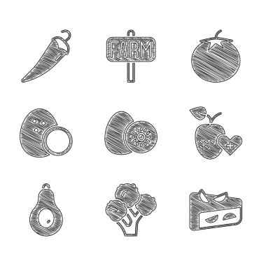 Kivi, brokoli, ev yapımı turta, sağlıklı, Avocado, Hindistan cevizi, domates ve acı biber ikonu. Vektör