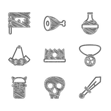 Kral tacı, Kurukafa, Ortaçağ kılıcı, mücevherli kolye, Viking kafası, av boynuzu, şişe iksiri ve bayrak ikonu. Vektör