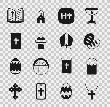 Hıristiyan haçı, Paskalya pastası, ekmek, vaaz veren kilise papazı, kutsal İncil kitabı ve Papa şapkası ikonu. Vektör