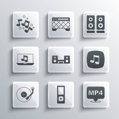 Müzik çalar, MP4 dosya belgesi, nota, ton, iki hoparlörlü ev teybi, Vinyl, Laptop müziği ve Stereo simgesi. Vektör
